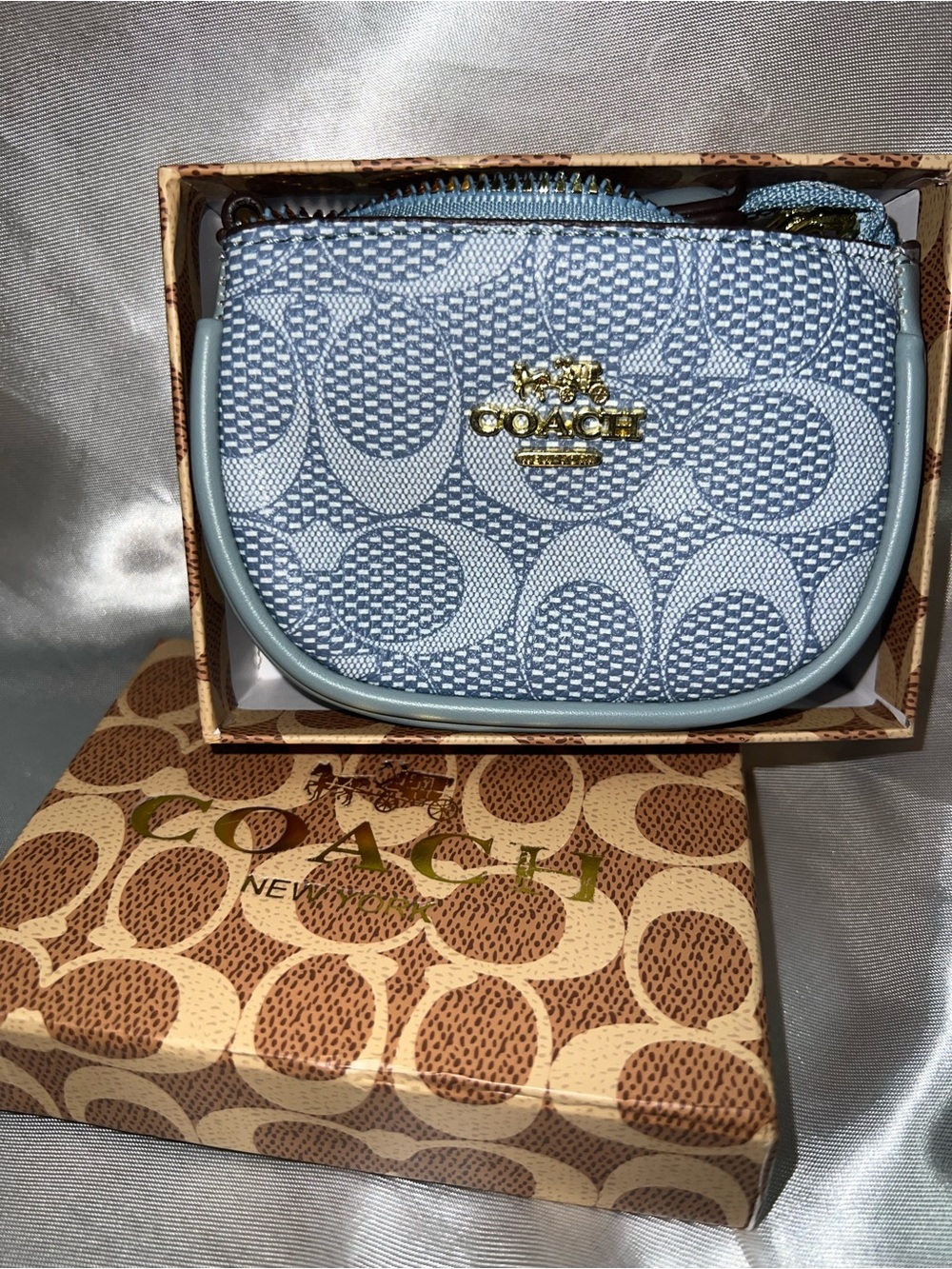 Coach Light Blue Signature Mini Cosmetic Pouch with Gold Logo